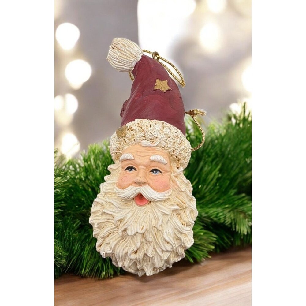 Vintage Santa Claus Head Christmas Tree Ornament Face Hat with Stars